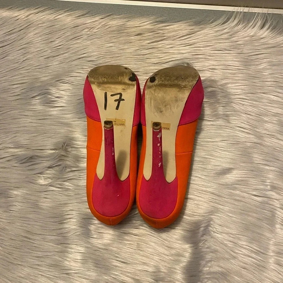 Penny Loves Kenny Pink & Orange Suede with Gold Beaded Top Accent Heels - Picture 12 of 12
